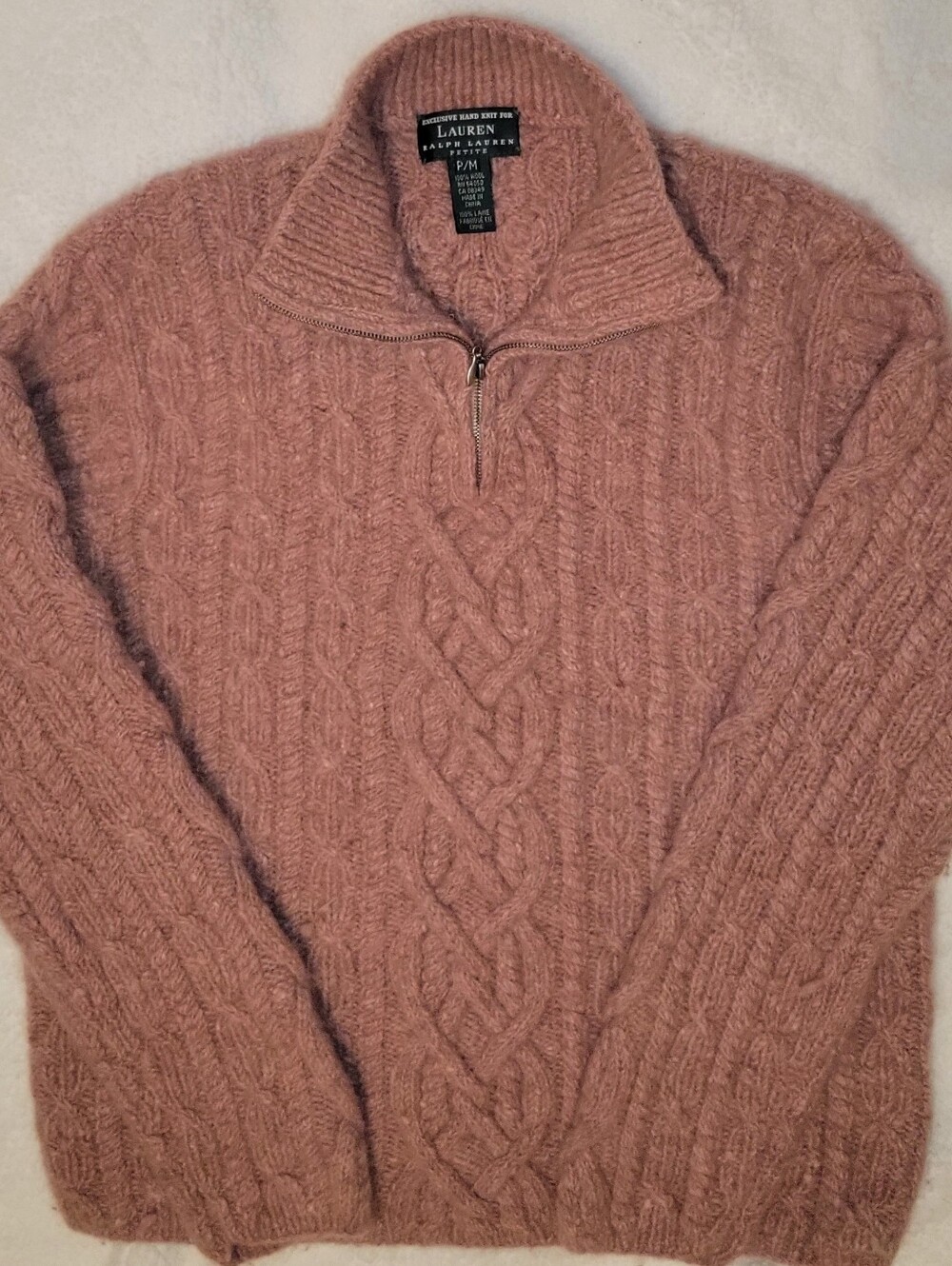 Vintage Lauren Ralph Lauren Petite M 100% Wool Cable Knit 1/4 Zip Sweater Pink